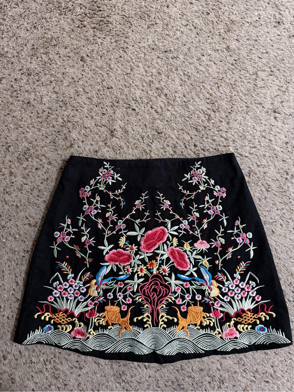Boho-Chic Zara Black Embroidered Floral A-Line Mini Skirt